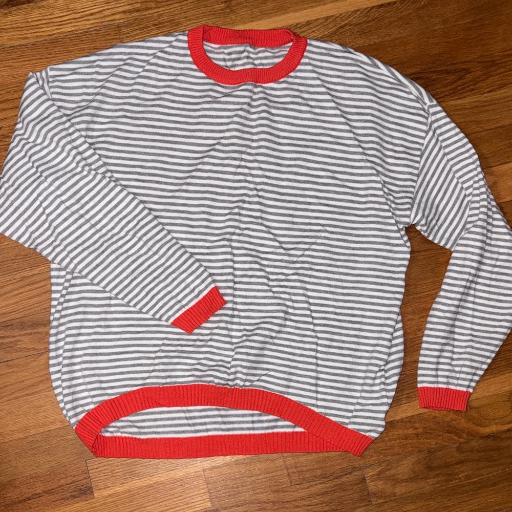 Stylish Women's Striped Crewneck Sweater - Orange and Gray